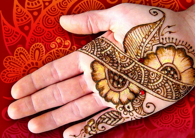 Arabic Mehandi Design with flowers wrapped around a diagonal motif