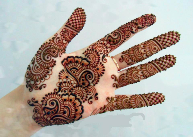 Latest Mehandi Bridal Designs with shaded floral and mango motifs