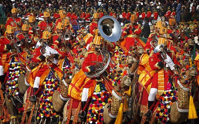 Indian paramiitary soldiers from Border Security Force, the only camel mounted band in the world, play music as they march down Rajpath during the main Republic Day parade in New Delhi, India, Thursday, Jan. 26, 2012. India is marking its 62nd Republic Day with military parades across the country. (AP Photo/Saurabh Das)