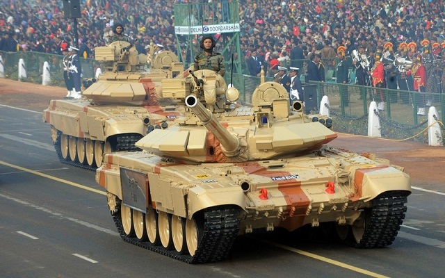 Indian Army tanks T-90 roll during the final full dress rehearsal for the Indian Republic Day parade in New Delhi on January 23, 2011. India will celebrate its 62nd Republic Day on January 26 with a large military parade. AFP PHOTO/RAVEENDRAN (Photo credit should read RAVEENDRAN/AFP/Getty Images)
